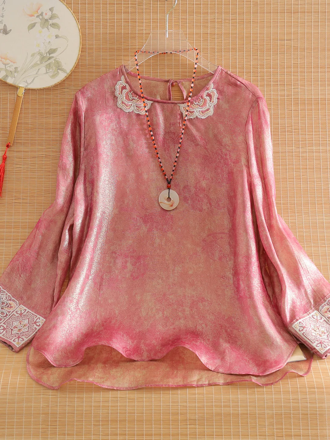 New Chinese Style Embroidered Heavy Work Silk Shirt Gold Thread Tang Suit Loose Slimming Women's Premium Fashion Top