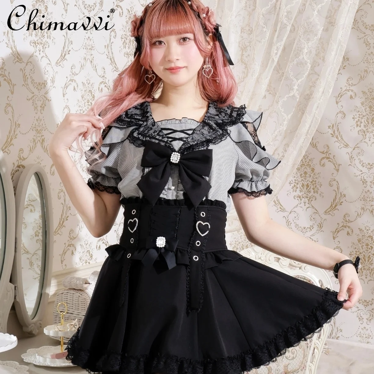 Japanese Cute Girl High Waist Slim-fit Mass-produced Trouser Skirt Summer New Sweet Bow Lace Splicing Kawaii Lolita Short Skirts