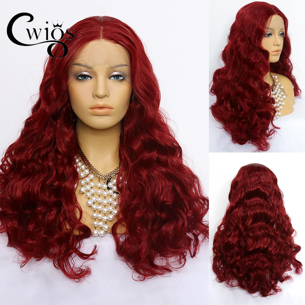 

Wine red wavy curly hair synthetic 13x4 lace front wig long wave heat resistant natural hair line suitable for women cosplay