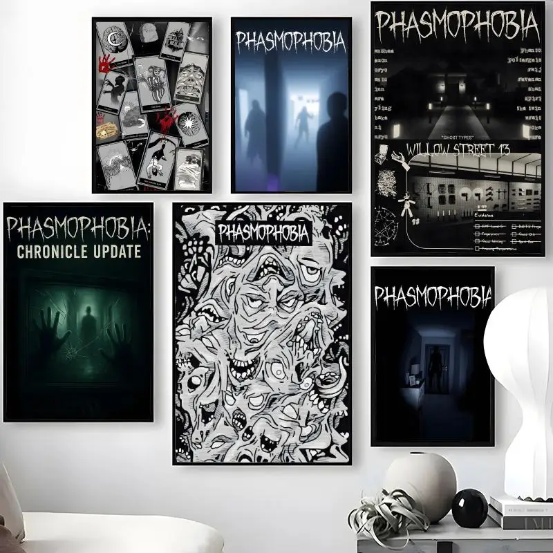 P-Phasmophobia Horror game Poster Waterproof Self-Stick Wall Art Stickers, Removable Wall Decor for Living Room and Bedroom