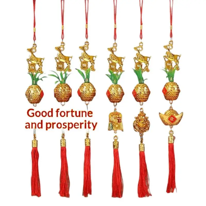 Chinese New Year 2027 Goat Hanging Ornaments Gold Lucky Design Red Tassels For Spring Festival Home Wall Decor