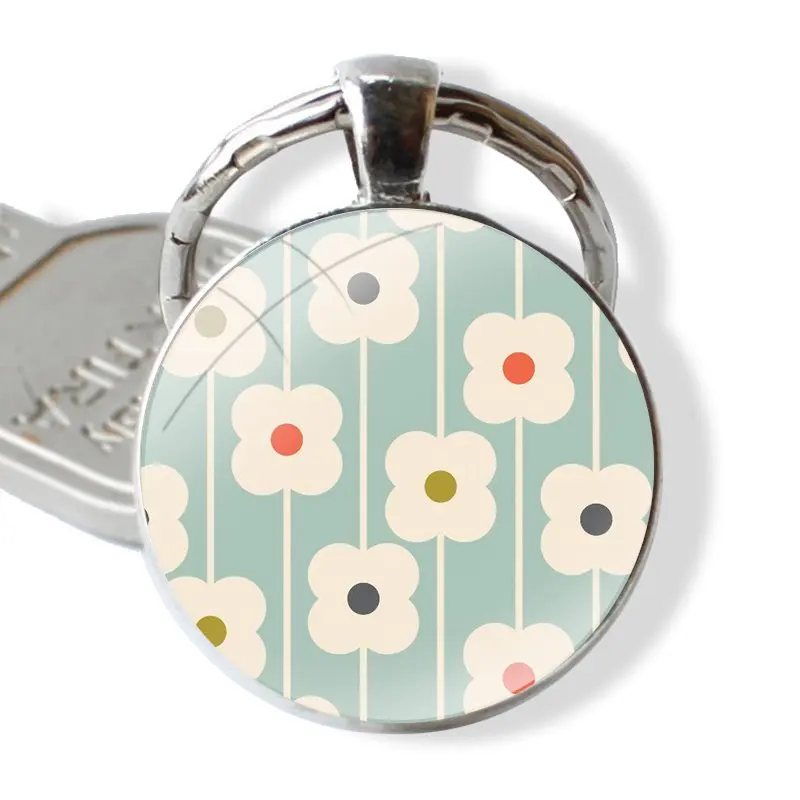 Orla Kiely Art Keychain Handmade Glass Cabochon Key Ring Holder Pendant Key Chains Cartoon Fashion Creative Design