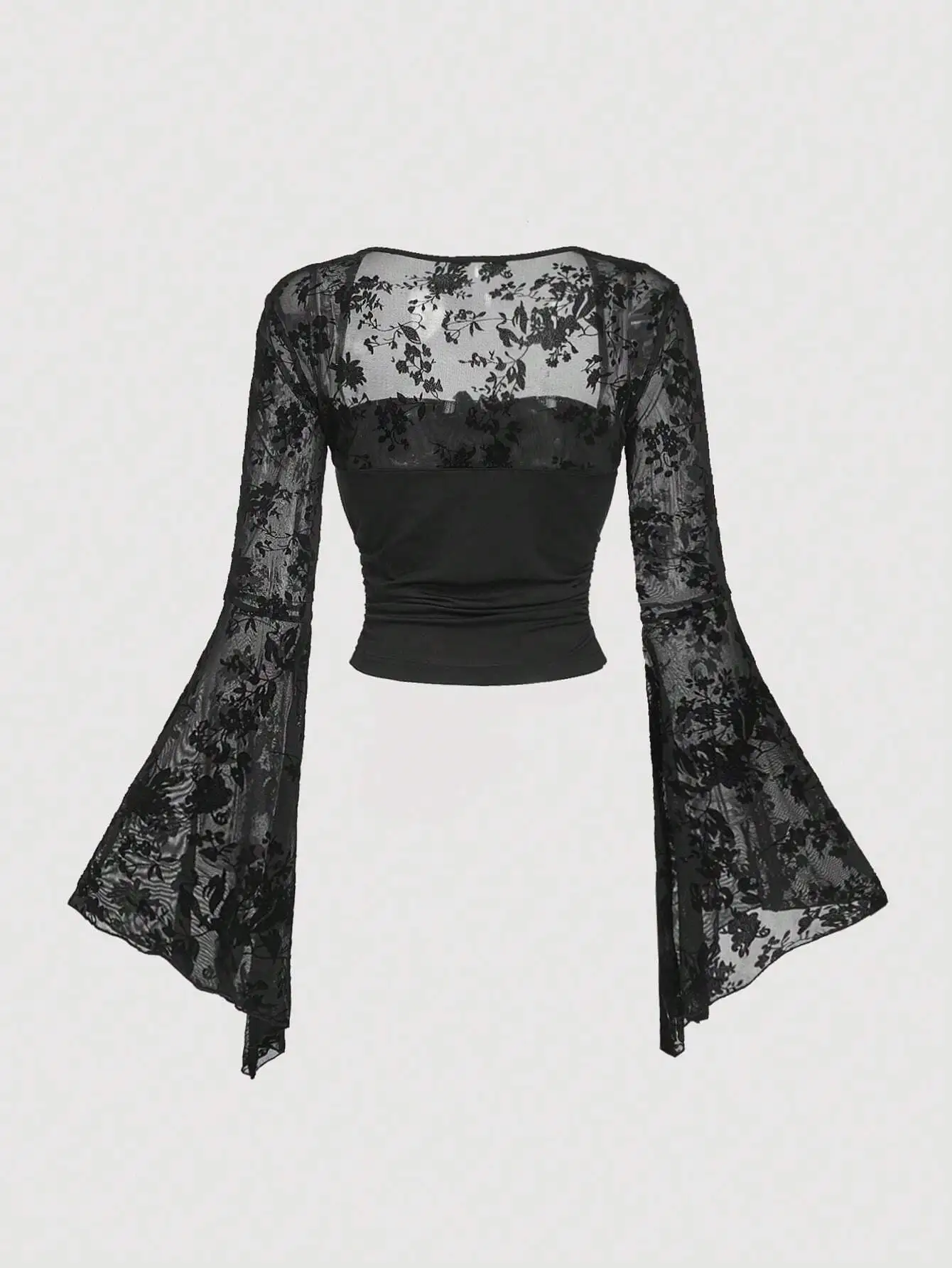 Gothic Sexy Spitzen-Mesh Langarm-Oberteil Y2K Vintage Schwarz Durchsichtige Überzüge T-Shirts Grunge Sommer Damen Streetwear – Detail 3