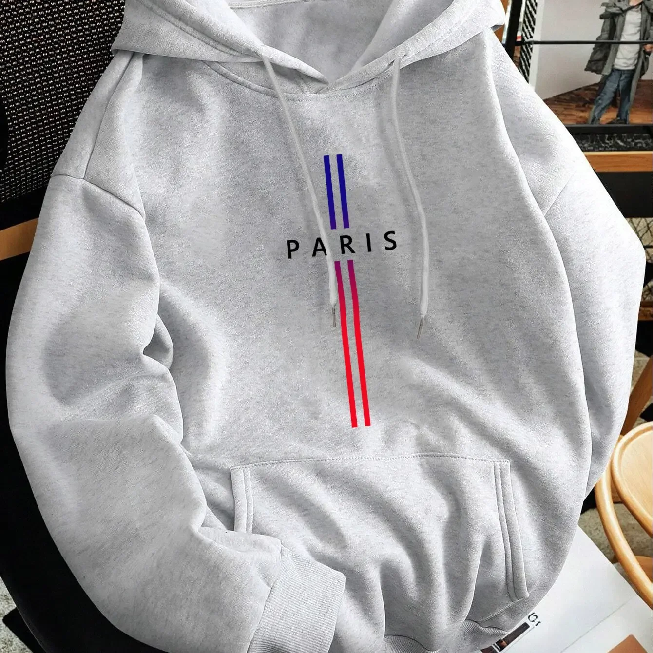 Paris-themed Striped Hoodie with French Flag Print on the Chest; Men's Simple, Loose-fitting, Casual Street Style Sweatshirt.