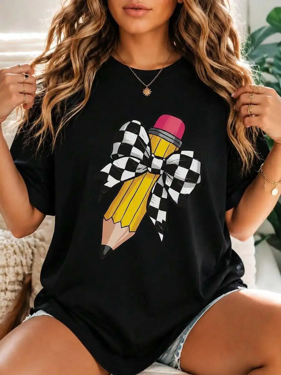 Cute Check Bow Pencil Teacher Graphic Tees Women, School Theme Short Sleeve T Shirts, Soft Summer Tops, Daily Vacation Outfits Casual Tops For Women