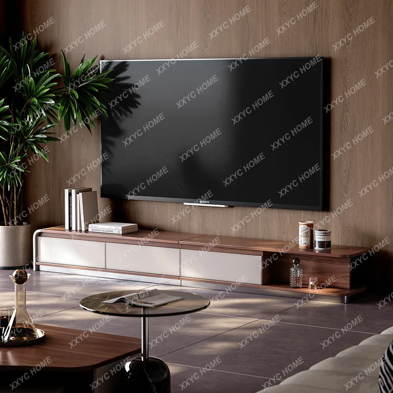 L round retro style walnut pattern  high-end living room solid wood  Iron art TV cabinet