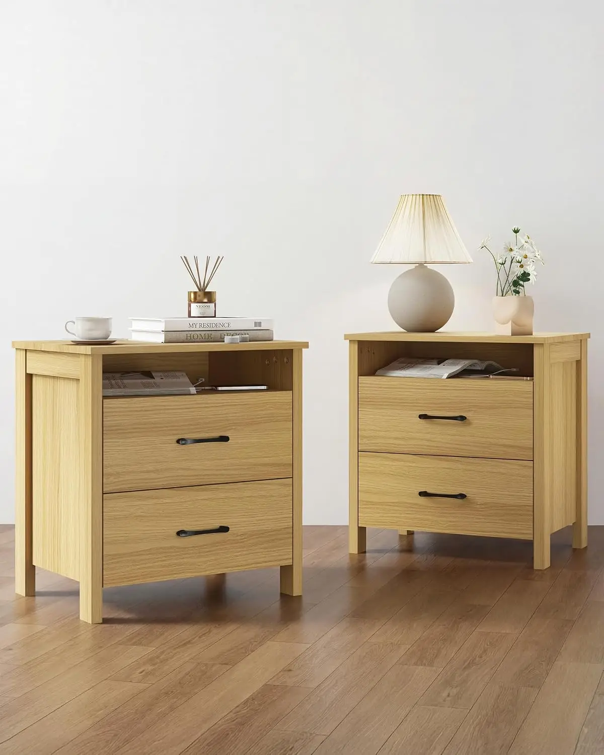 Rustic Nightstand Set of 2 with 2 Drawers, Natural Wood Bedroom Side Table, Customized