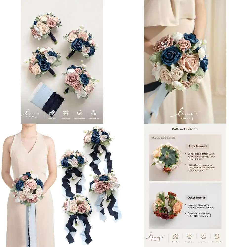 

Set of 4 Navy Blue & Dusty Rose Artificial Wedding Flower Bouquets for Bridesmaids, 7-inch Diameter, Ideal for Ceremonies and An