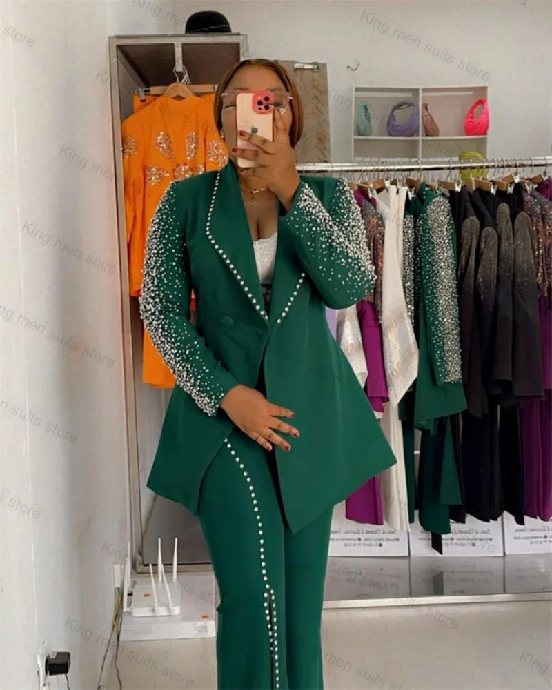 Conjunto de traje de perlas verdes para mujer, Blazer de lujo de 2 piezas y pantalones, abrigo de un solo pecho, chaqueta Formal de oficina para mujer, hecha a medida