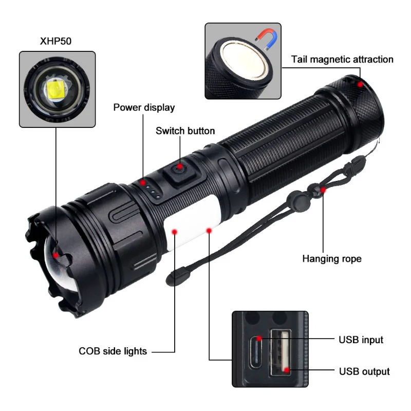 High Power Flashlight with COB Red Side Lamp Type-C Charging Torch Tactical 7 Modes LED Lantern Emergency Zoomable Light