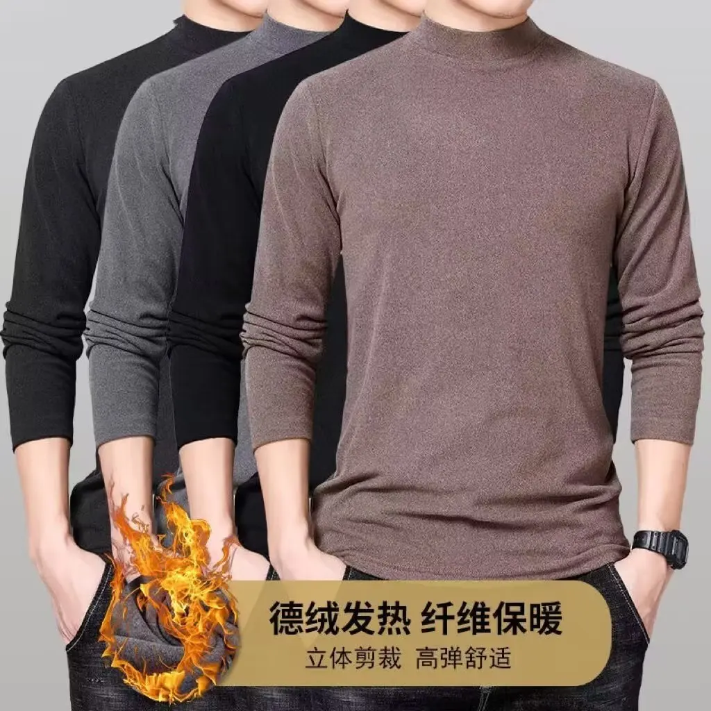 Double-sided Fleece Long-sleeved T-shirt with Half-high Collar for Men Lined with Extra Fleece Inner Layer Shirts Top