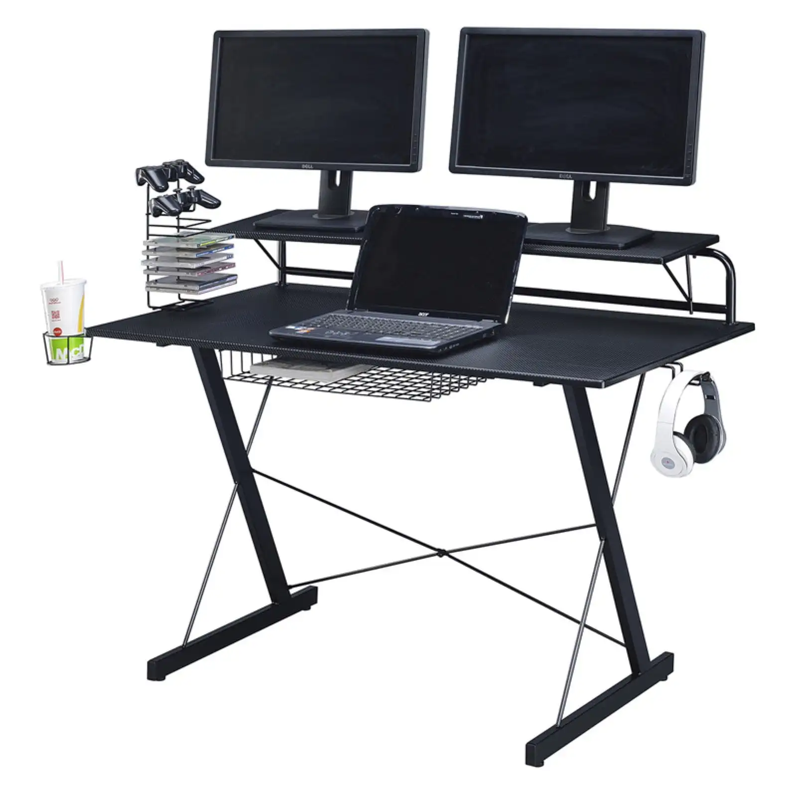 TS-200 Carbon Computer Gaming Desk with Shelving, Black RTA-TS200-BK