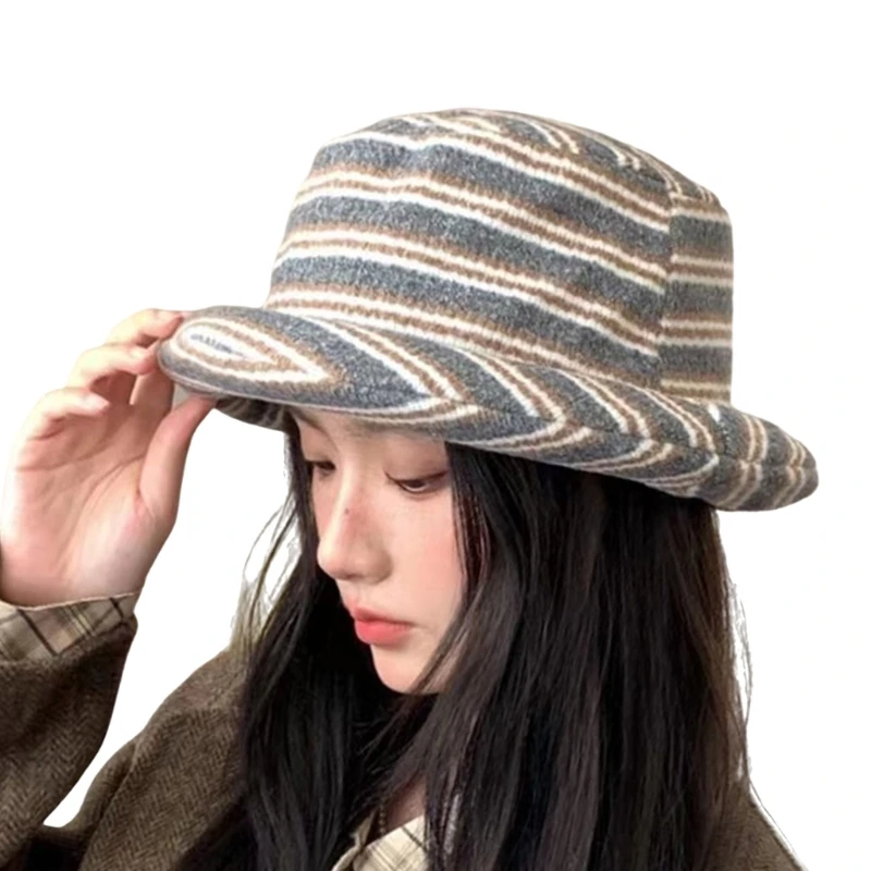 Contrast Stripe Fishing Hat Fashionable Bucket Hat Women Winter Warm Travel Hat