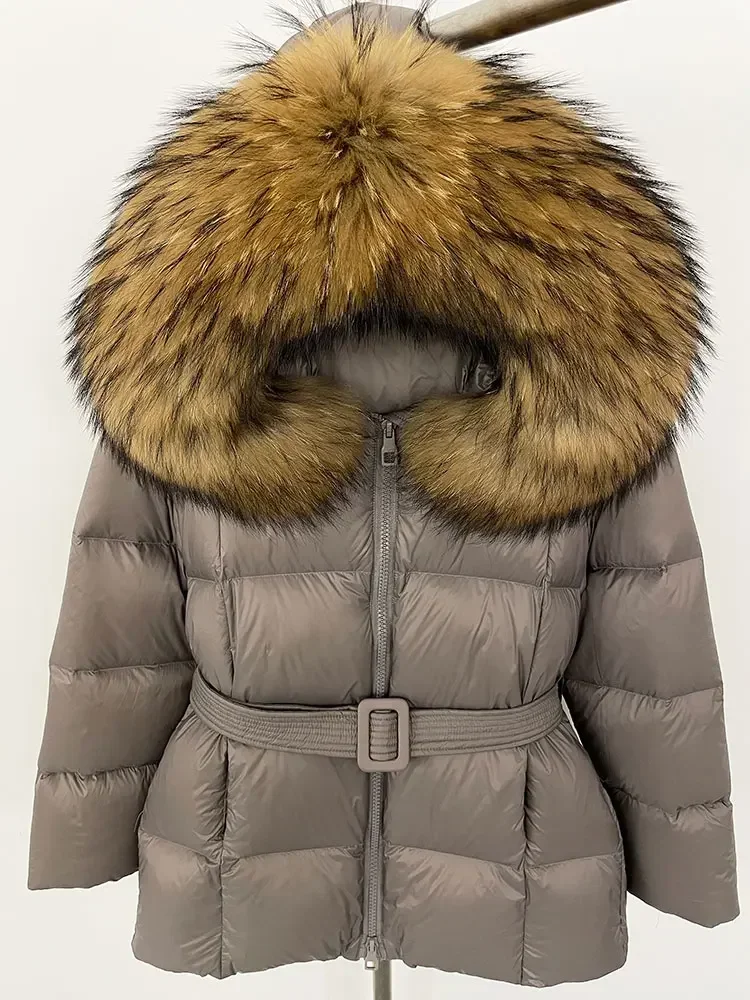 Luxurious 2024 Thick Warm 90% White Duck Down Coat Winter Jacket Women Real Natural Raccoon Fox Fur Collar Hooded Casual New