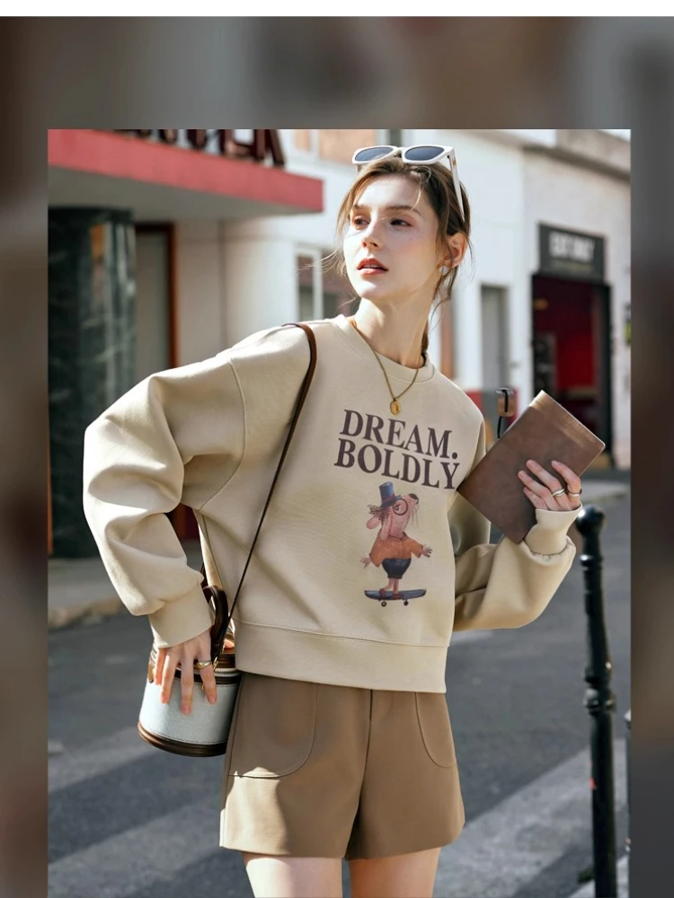 OLrain 아메리칸 2025 가을 스웨트셔츠 레트로 프린팅 O넥 여성 풀오버 신상 소형 니트 여성 상의 O24CR89002