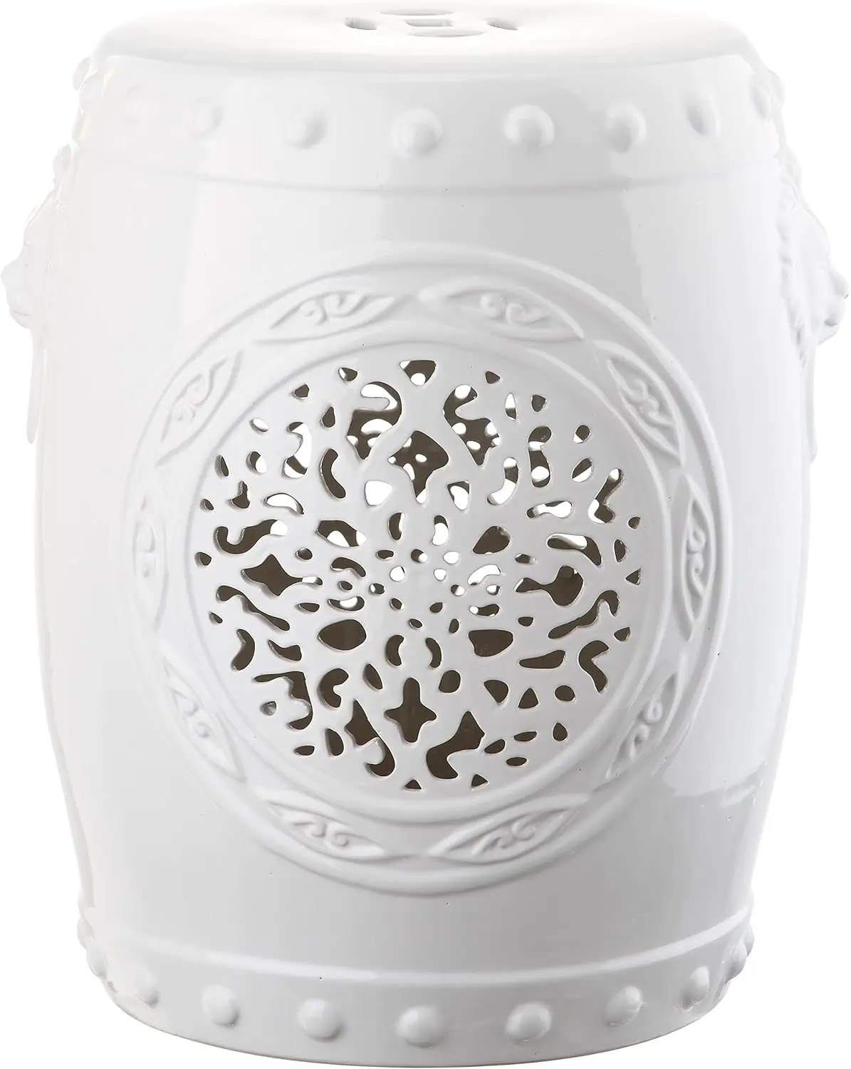 White Glazed Ceramic Garden Stool with Floral Design for Home and Outdoor Decor