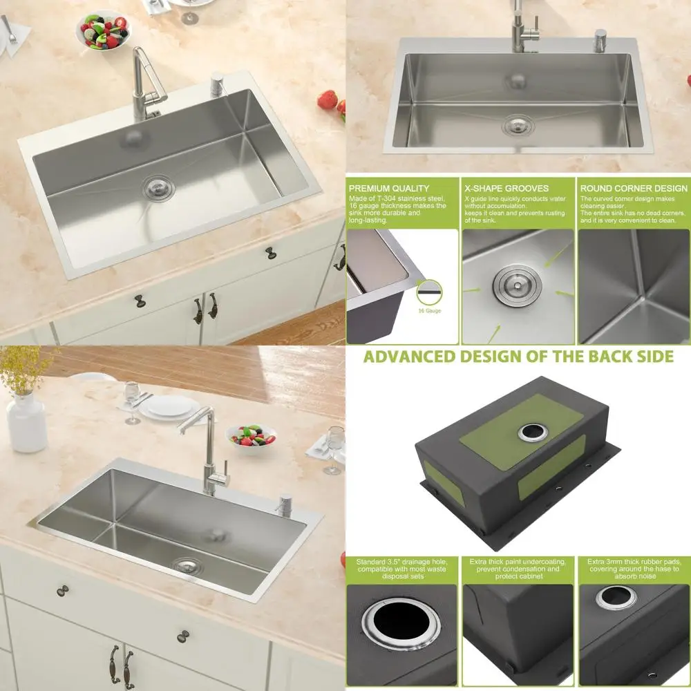 

Stainless Steel 33 Inch Single Bowl Kitchen Sink - 16 Gauge Topmount 33x22 Inch Deep Basin Drop In Sink with Drain