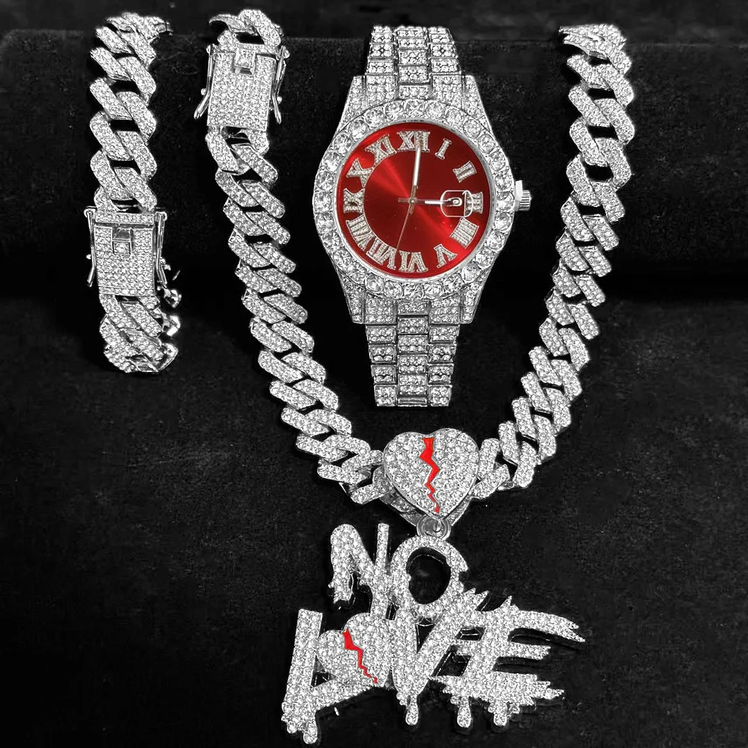 3-Piece Set of Popular Foreign Trade Maier Cuban Necklace and Bracelet Set, Men's Watch and Jewelry Party