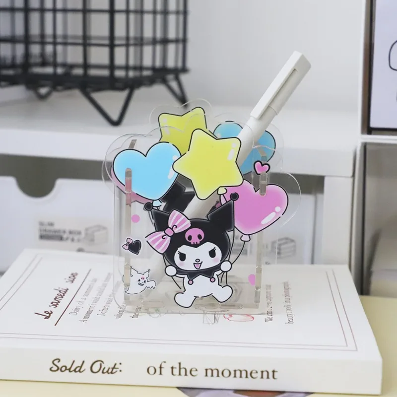 New Sanrio Transparent Acrylic Pen Holder Student Kuromi Pattern Desktop Decoration Girl Makeup Brush Kawaii Storage Box