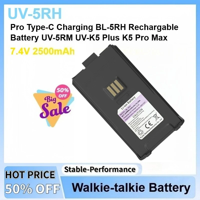 

7.4V 2500mAh Baofeng UV-5RH Pro Walkie Talkie Battery Type-C Charging BL-5RH Rechargable Battery UV-5RM UV-K5 Plus K5 Pro Max