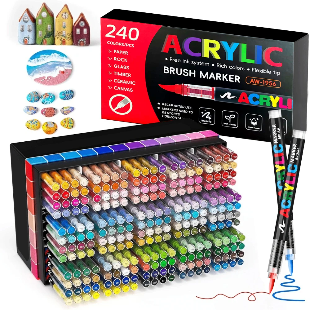 240 Colors Acrylic Paint Markers Soft Brush Tip Acrylic Markers Set Paint Pens for Wood Fabric Canvas Glass Canvas Rock Painting