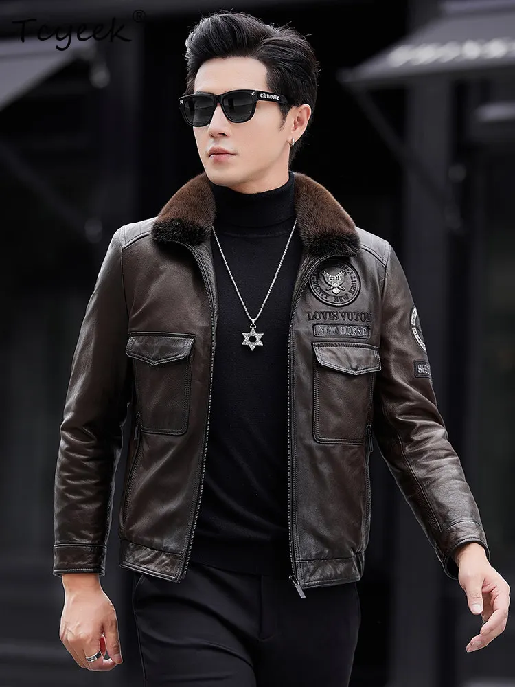 Tcyeek Real Leather Jacket Men Winter Clothes White Duck Down Coat 100% Sheepskin Mens Coats Embroidery Trendy Mink Fur Collar