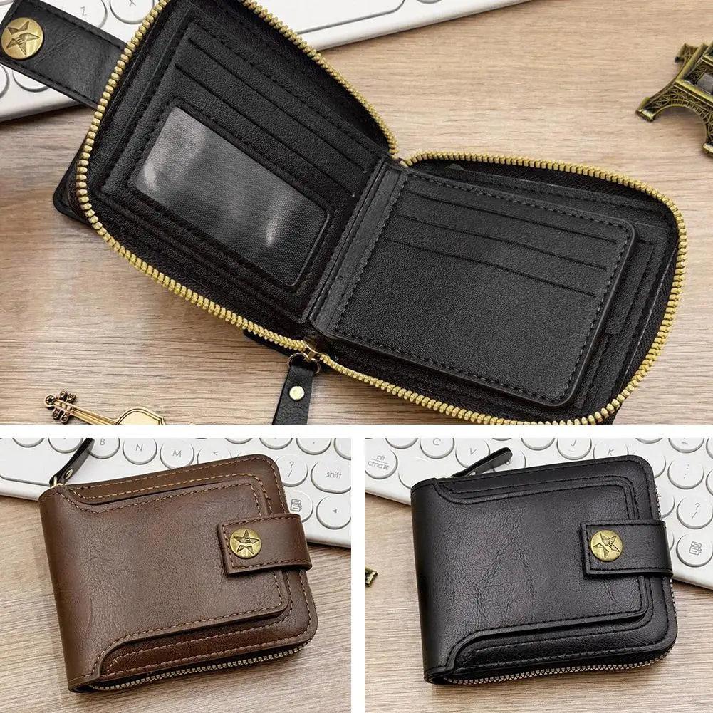 Cartera con bloqueo RFID para hombre, cartera plegable de cuero de lujo con bolsillo para monedas y cremallera, tarjetero de gran capacidad, monedero masculino