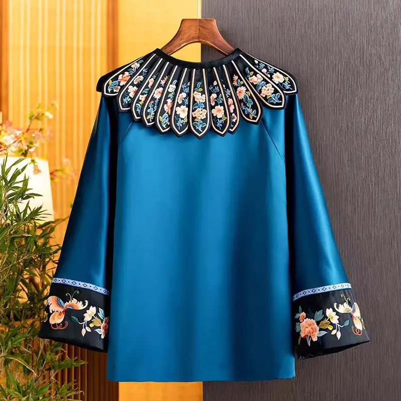 

High-end Autumn Winter Coat New Chinese Style Embroidery Acetate Women Elegant Loose Coat S-XXL