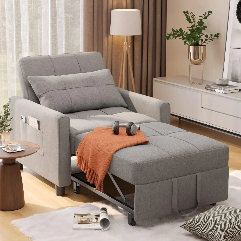 Convertible Living Room Chair with Pillow and Pocket, 3-in-1 Single Sofa Bed Chair Beds, Adjustable Pull Out Sofa Bed