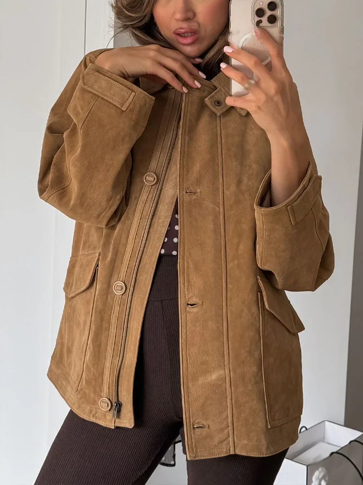 

HH Female Autumn Casual Loose Coats Solid Turn-Down Collar Pockets Single-Breasted Woman's Fashion Long-Sleeved Jackets