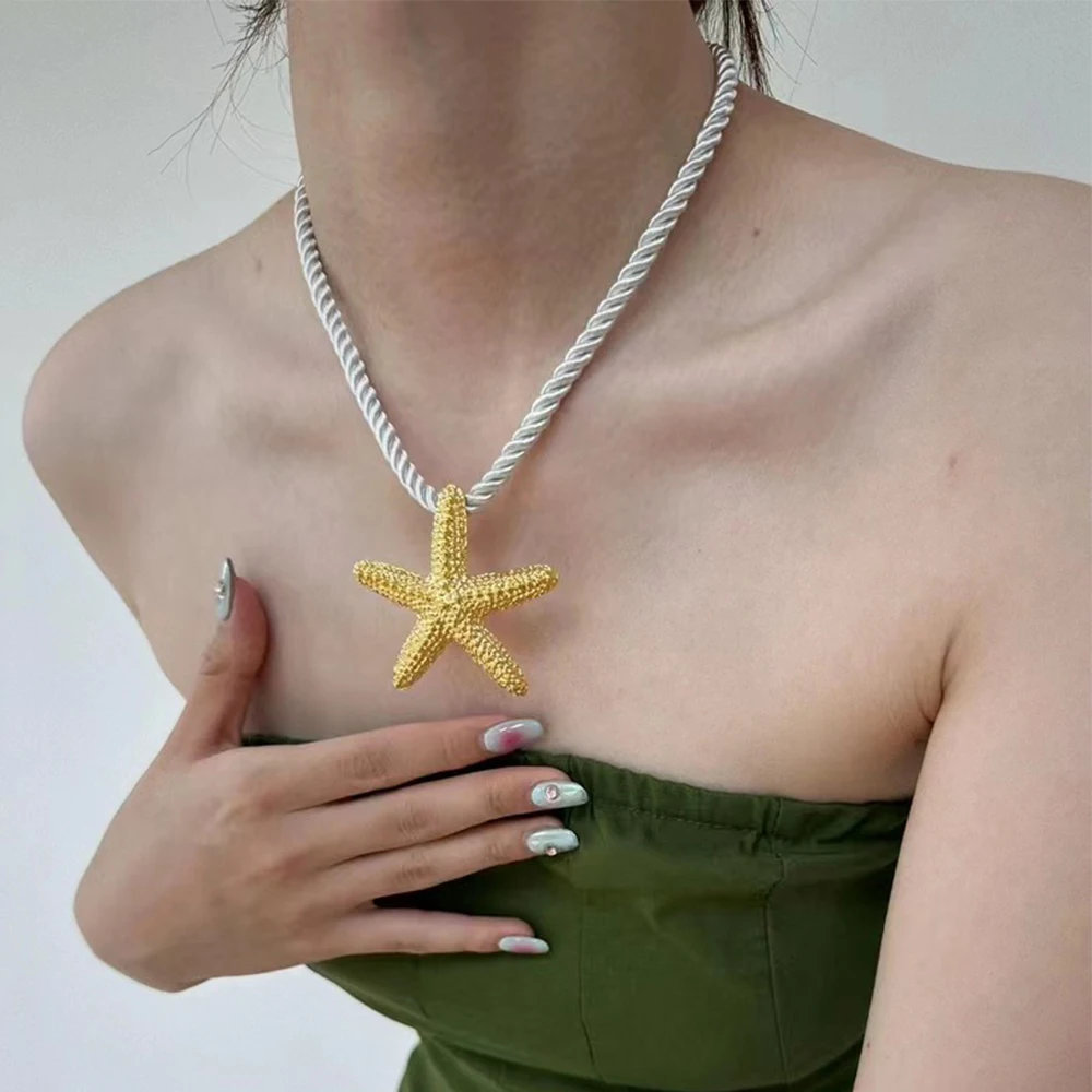 Vintage Jewelry Wholesale Beach Summer Style White Rope Gold Color Big Sea Star Starfish Pendant Necklace for Women