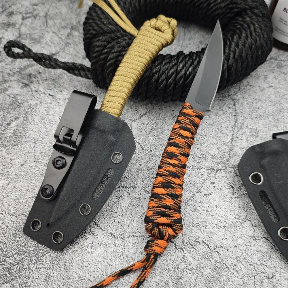 Durable Outdoor Fixed Blade Knife 440C Steel Blade with Nylon Rope Handle Jungle Hunting Camping Self-Defense Tool with Sheath