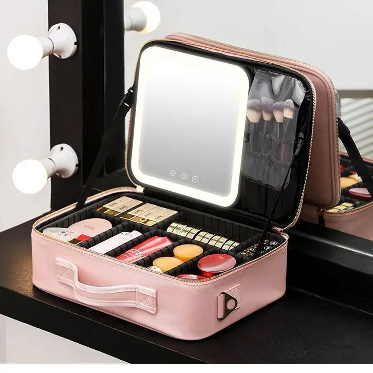 

New Lighted Cosmetic Case with Mirror LED Portable Cosmetic Bag Large-capacity Makeup Storage Box Make Up Bags for Women Q44