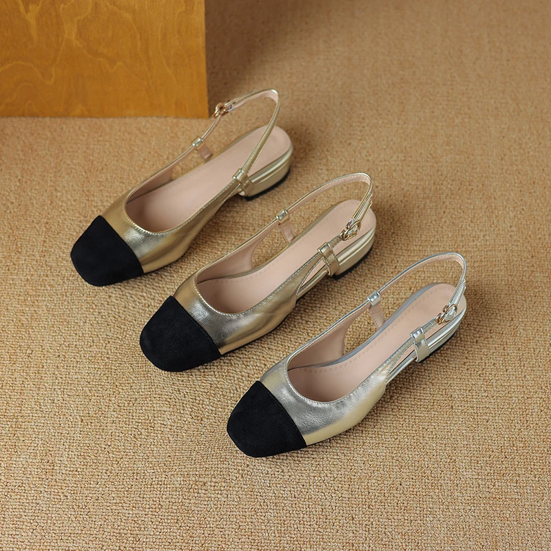 Summer low-heeled and color-blocked daily solid color round-toed open-heeled side-open one-line buckle women's shoes