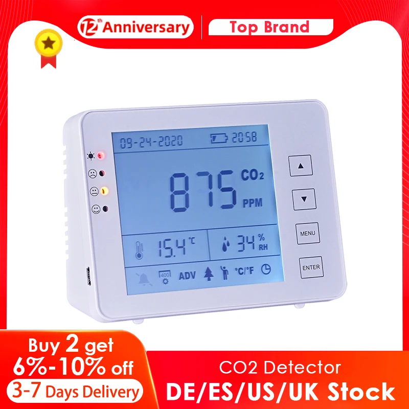 

Air Quality Monitor Accurate CO2 Detector NDIR Sensor Large LCD Indoor Measuring Multifunctional Alarm Time and date 0-5000ppm