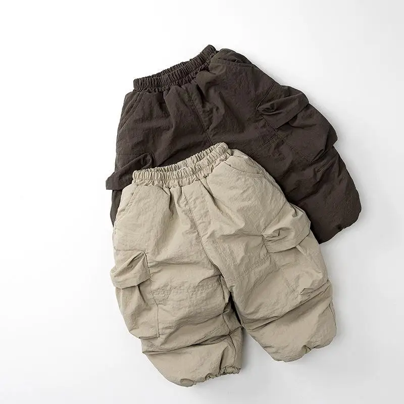 

2025 зимние новые детские теплые флисовые брюки, повседневные штаны для мальчиков и девочек, детские штаны с хлопковой подкладкой, однотонные детские теплые штаны-карго