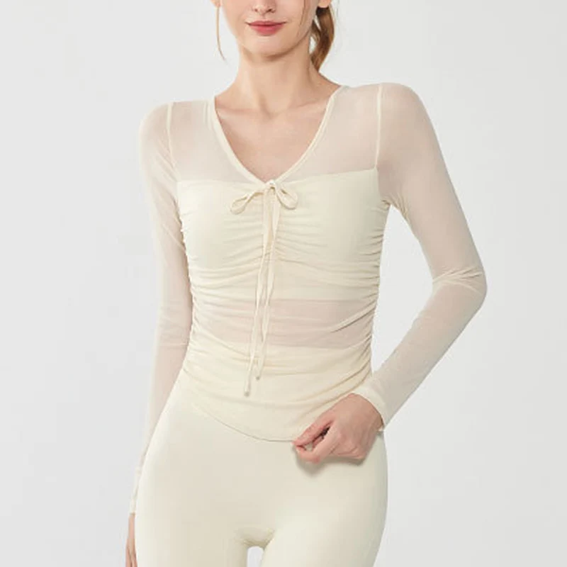 Fixed Chest Pad Sexy Mesh Micro-transparent Yoga Suit Long Sleeve Shirt Women's High-end Fitness Training Pilates Sports Top