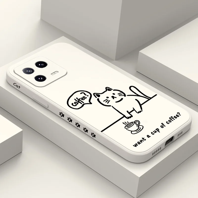 

Line Coffee Cat Phone Case For Xiaomi Mi 14 14T 13 13T 12 12X 12T 12S 11 11T 10 10T 9 9T Pro Lite Liquid Silicone Cover