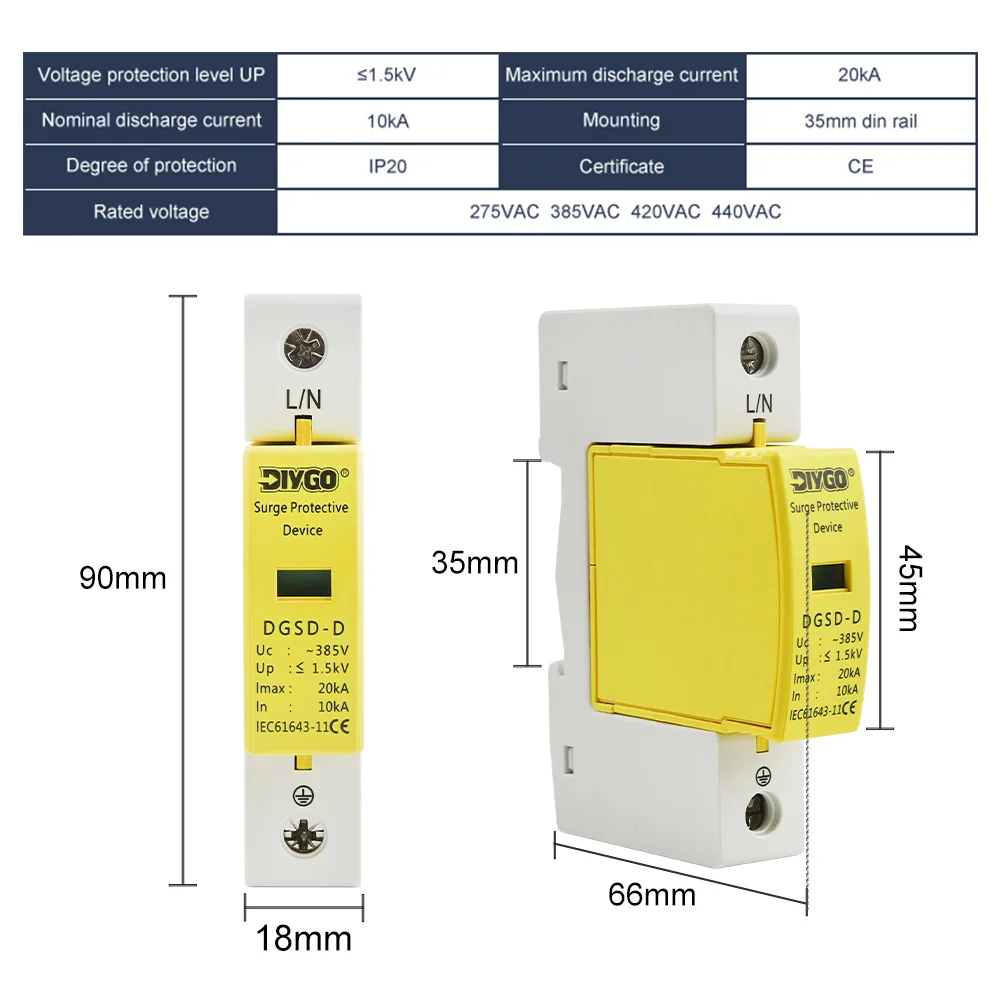 Din Rail 1P + N AC SPD حماية من البرق 10-20/20-40/30-60KA 385V حامي عرام المنزل جهاز صواعق الجهد المنخفض