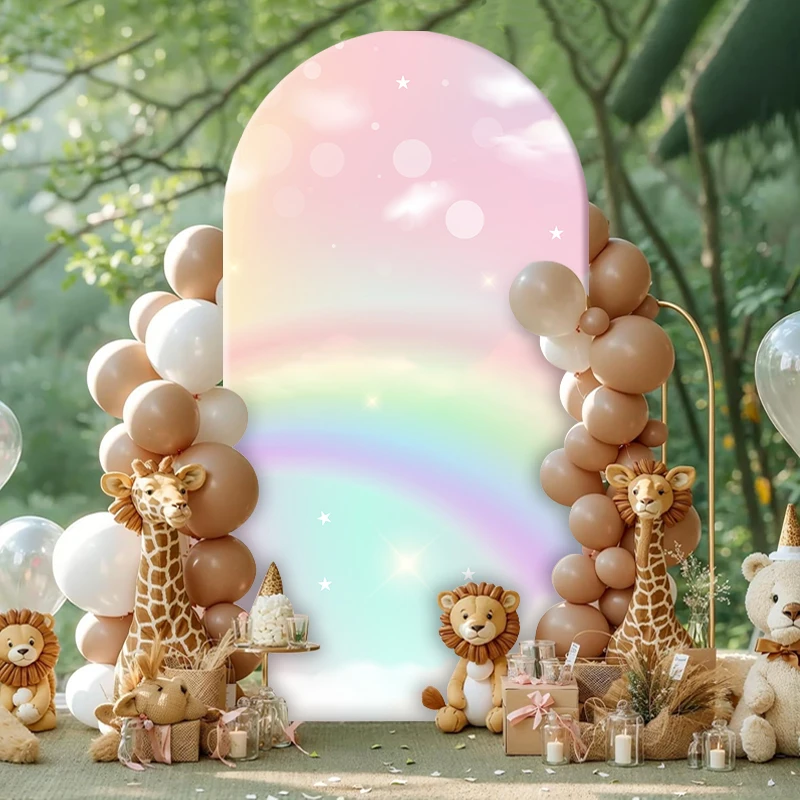 Rainbow Cloud Pink Theme Arch Backdrop Covers Customizable Design Arch Background Cloth For Children Birthday Party Events