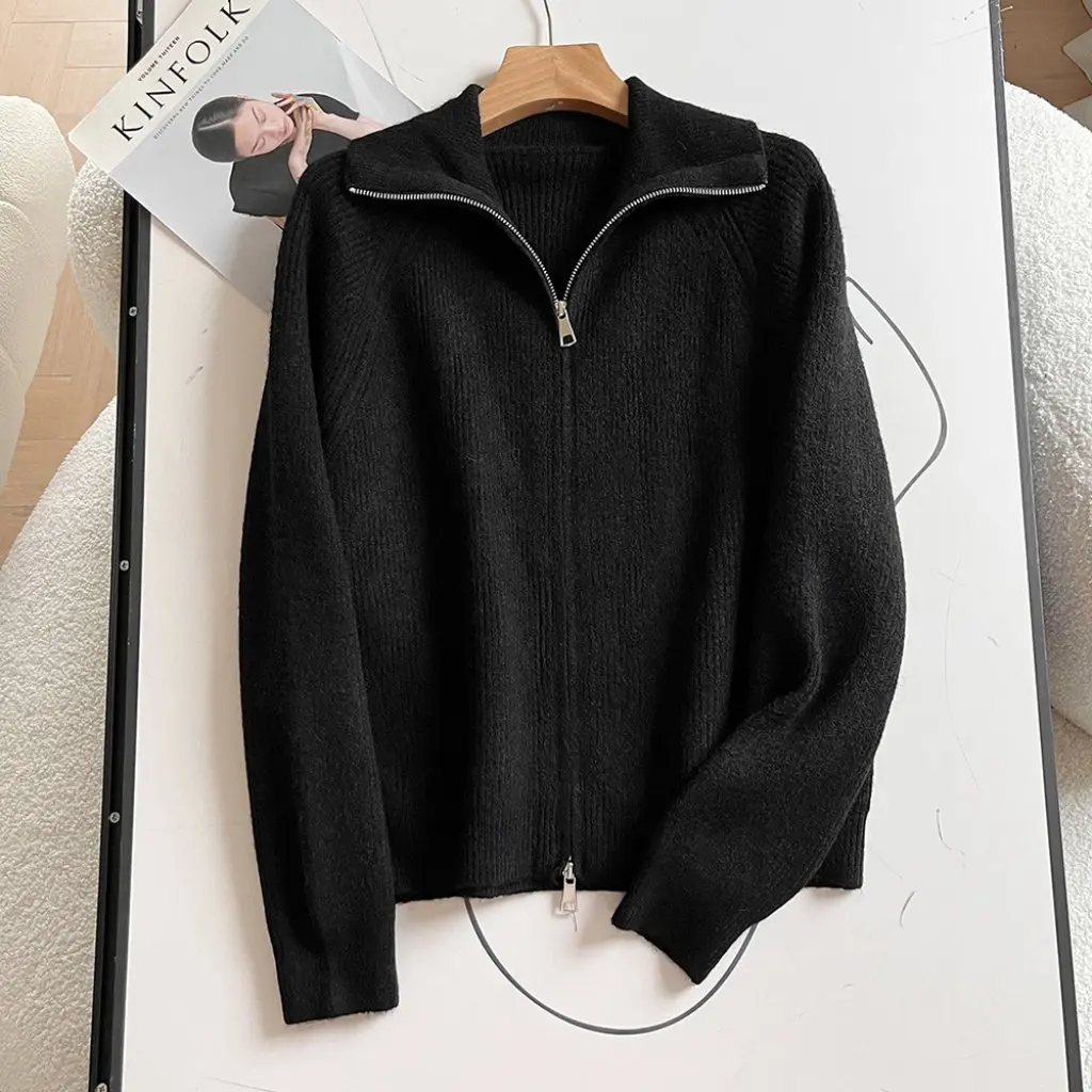 00SY-8119 frauen Koreanische Zipper Pullover Einfarbig Revers Casual Herbst Winter Pendler Mode Großhandel Neue Ankunft