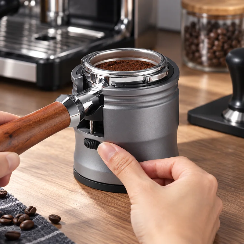 BIGE Adjustable Aluminum Espresso Portafilter Tamping Stand, Hands-Free Holder with Removable Base and Support Rings