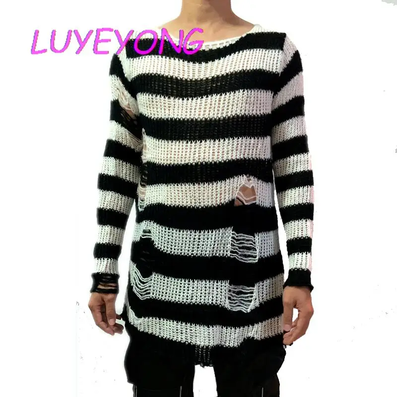 2024 Spring Man Pullovers Gothic Sweaters Punk O Neck Striped Long Sweater Unisex Hollow Out Long Sleeve Knitted Top Jumpers