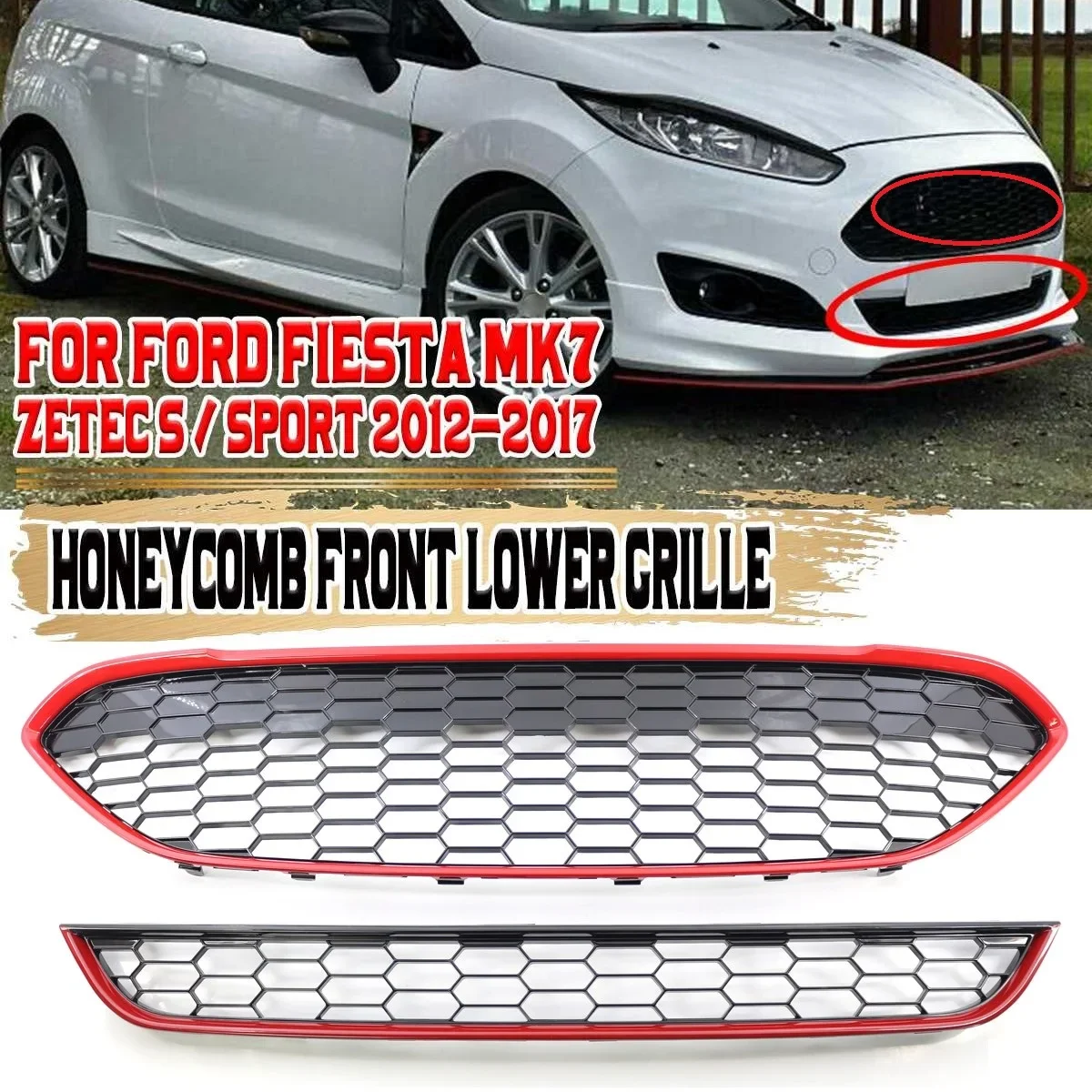 for 2013-2017 Ford Fiesta Zetec-S 2013-2017 Red and black front bumper center upper grille honeycomb hexagonal grid lower grille