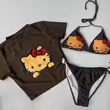 Sanrio Hello Kitty Women's 3 Piece Swimsuit Halter String Bikini Tie Side Mesh Short Sleeve Bathing Suits - AliExpress 