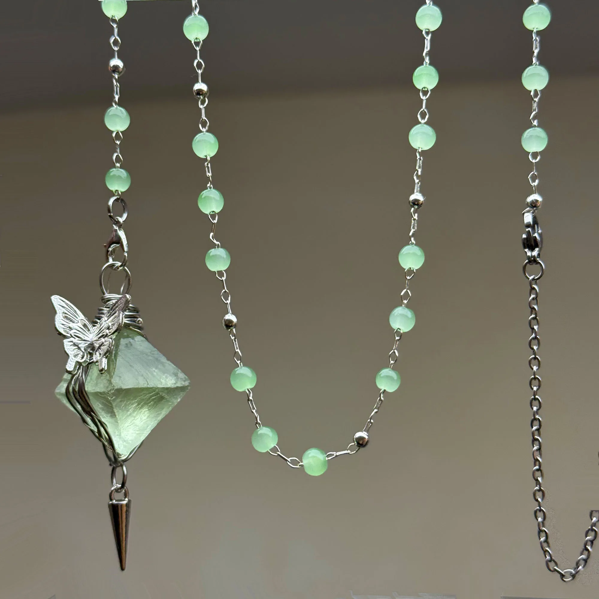 Handmade Wire Wrapped Octahedron Green Fluorite Pendulum Pendant, Healing Crystal Spiritual Hanging Ornament Decor