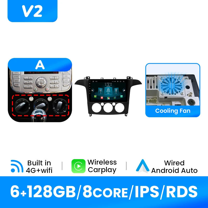 Draadloze Carplay Autoradio Speler Voor Ford S-Max 2007-2015 Android14 Auto 4G Wifi Multimedia GPS DSP 1280*720 IPS Scherm Geen 2Din