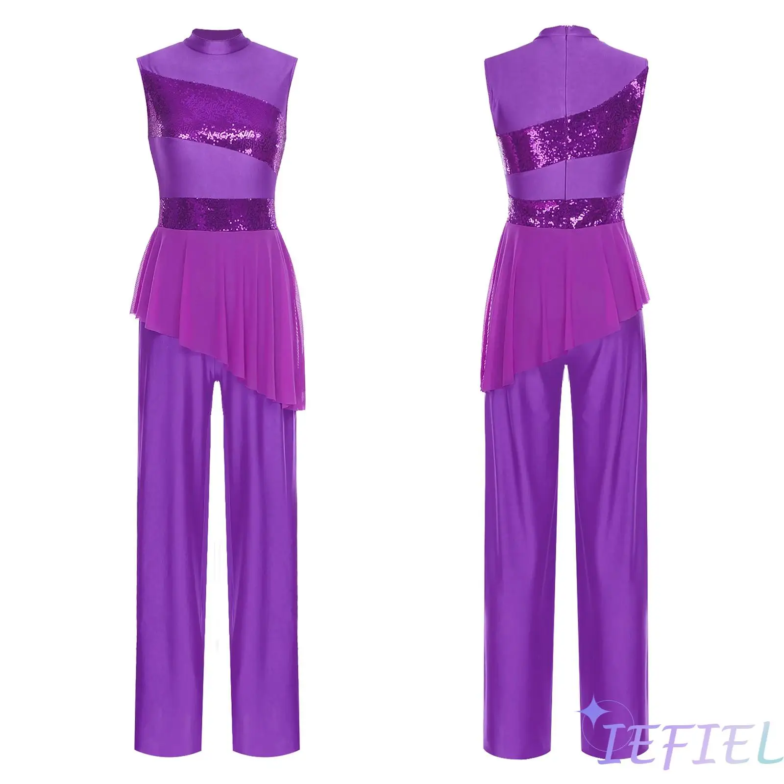 

Women Lyric Dance Jumpsuit Mock Neck Sleeveless Sequined Mesh Overlay One-Piece Trumpet Style Legs Back Zipper Dance Jumpsuit