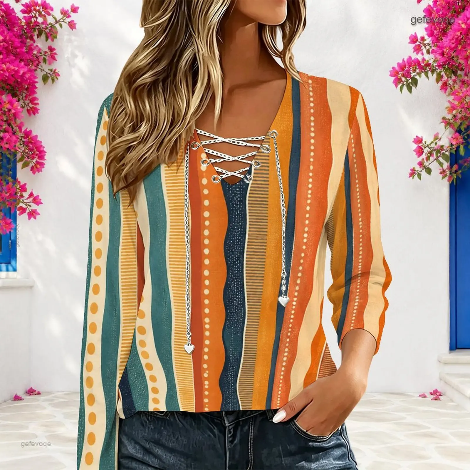 Women Abstract Multi-color Printed V Neck Long Sleeve Top with Chain Lace Up