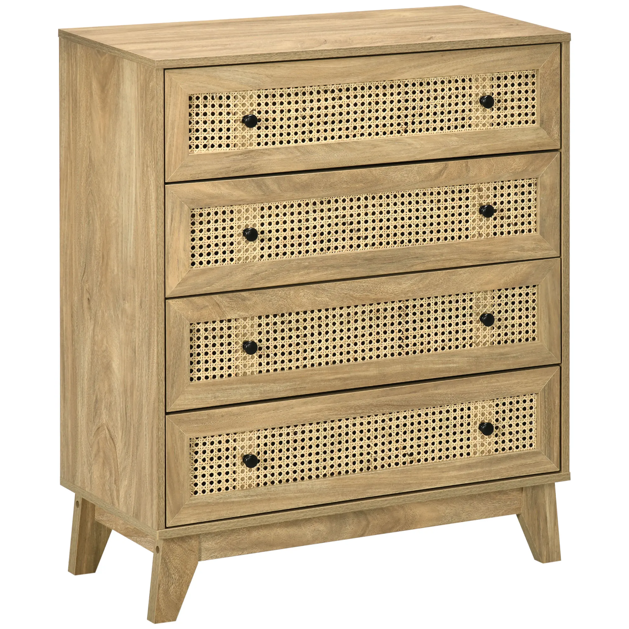 HOMCOM Commode 4 tiroirs meuble de rangement cannage en rotin 80 x 35 x 95 cm aspect bois clair